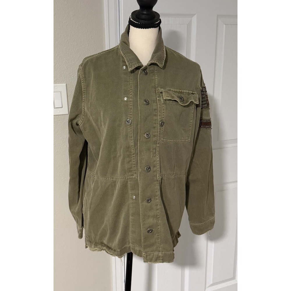Free People Embellished Military Shirt Jacket Olive Green Beaded Utility - Picture 4 of 10